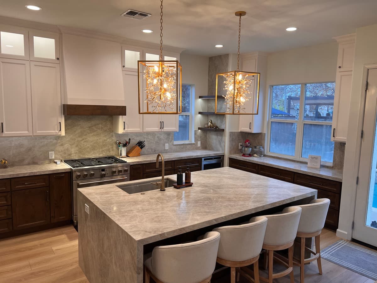 Wide view of the Gilroy two-tone kitchen showing both cabinet walls